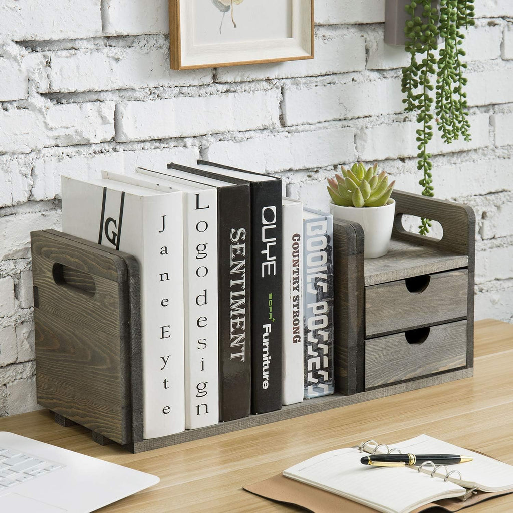 Vintage Gray Solid Wood Desktop Bookshelf Organizer with 2 Pullout Drawers H7127