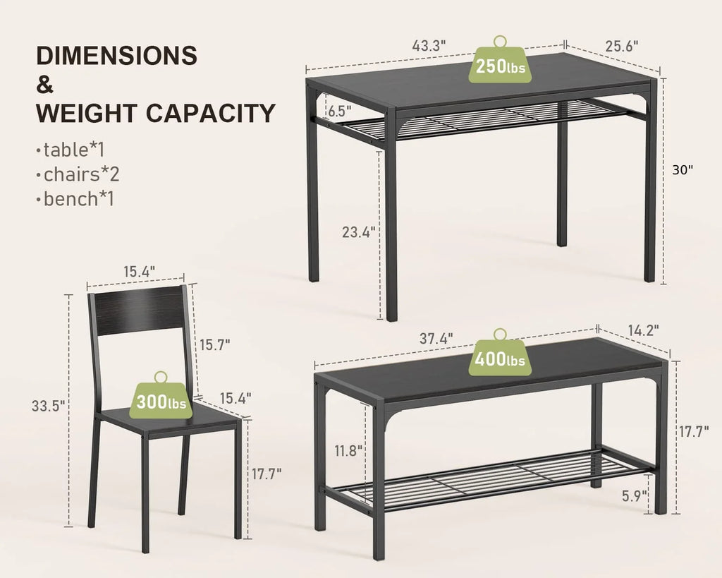 Black Kitchen Table with 2 Chairs and Bench with Storage Rack H992323