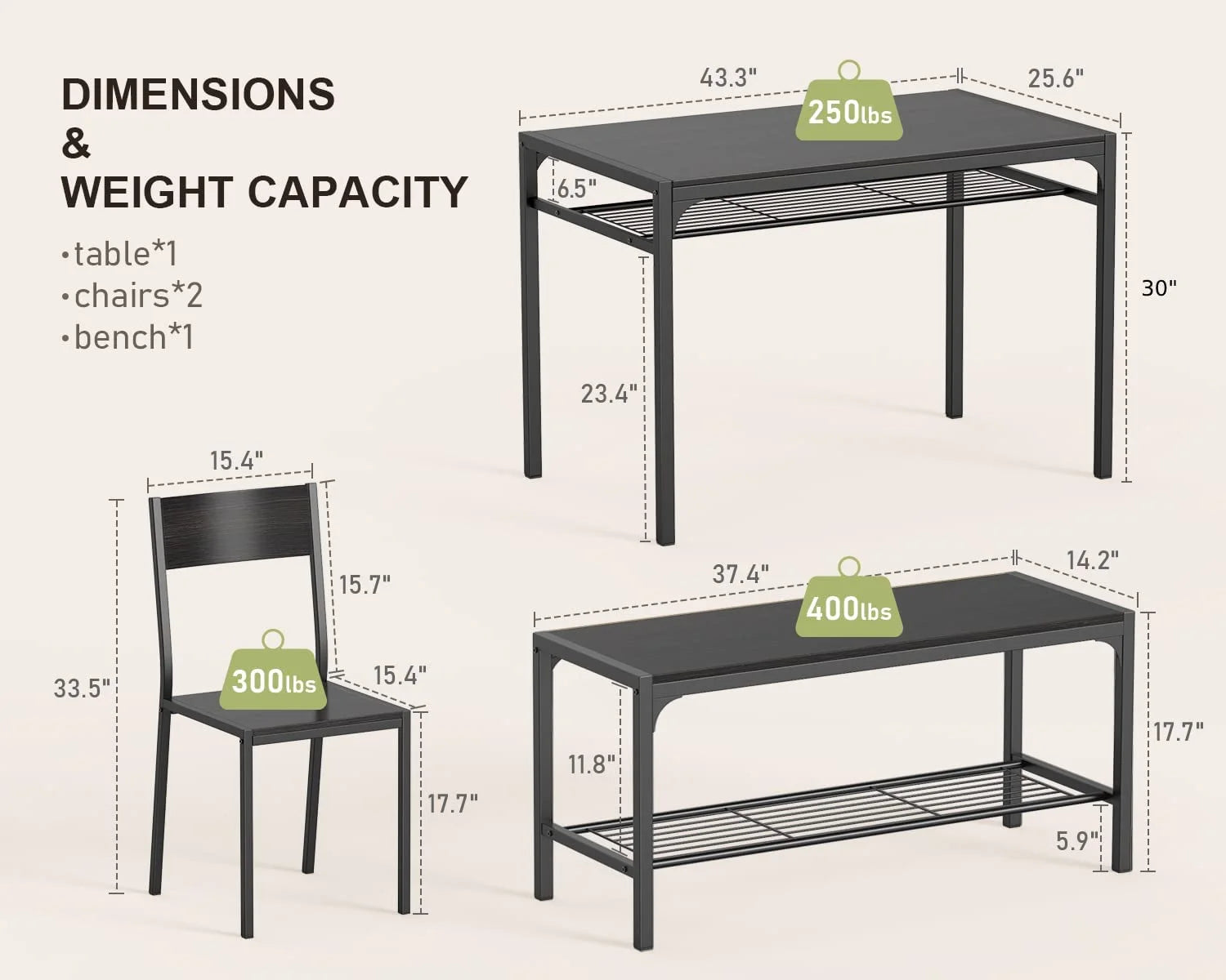 Black Kitchen Table with 2 Chairs and Bench with Storage Rack H992323