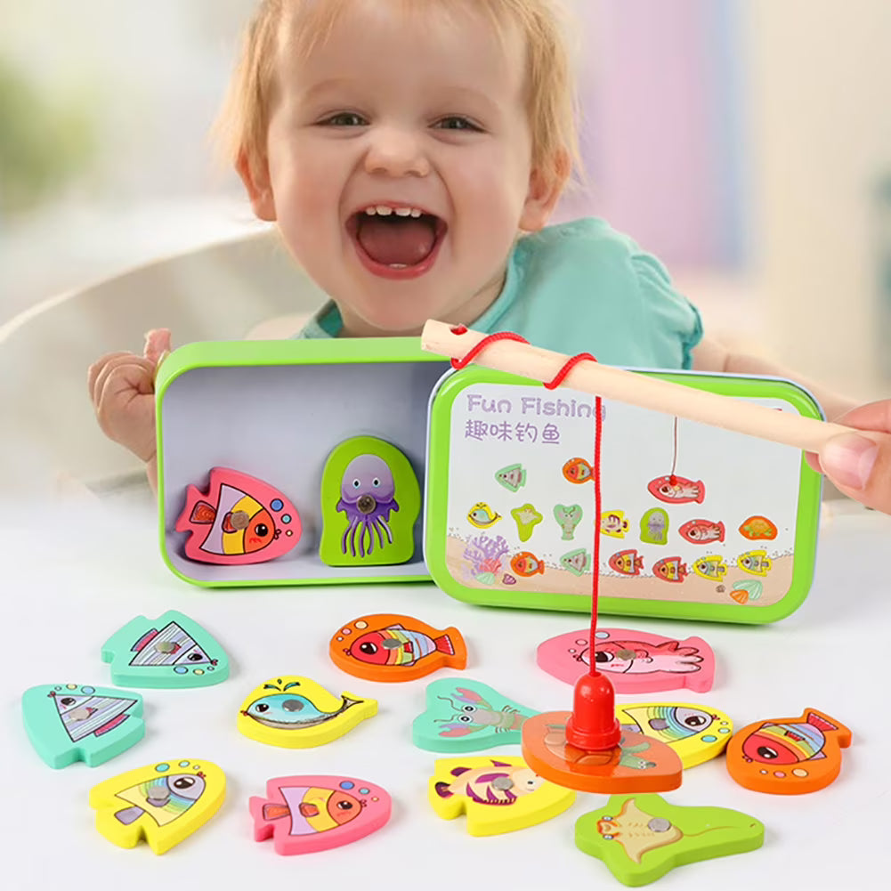 15pcs Wooden Magnetic Fishing Toy with 15 Fish and 1 Rod G36965