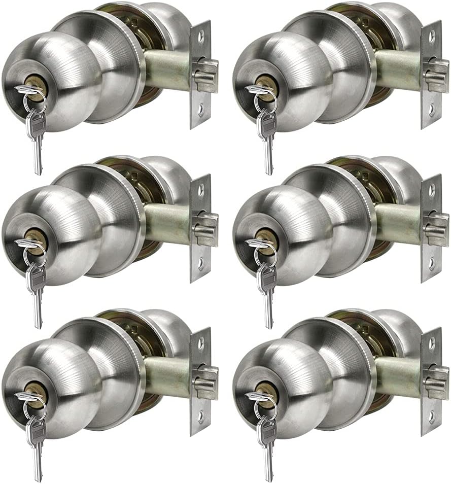 Satin Nickel Ball Stainless Steel Door Knob with Lock and Keys, Pack of 2 S19847