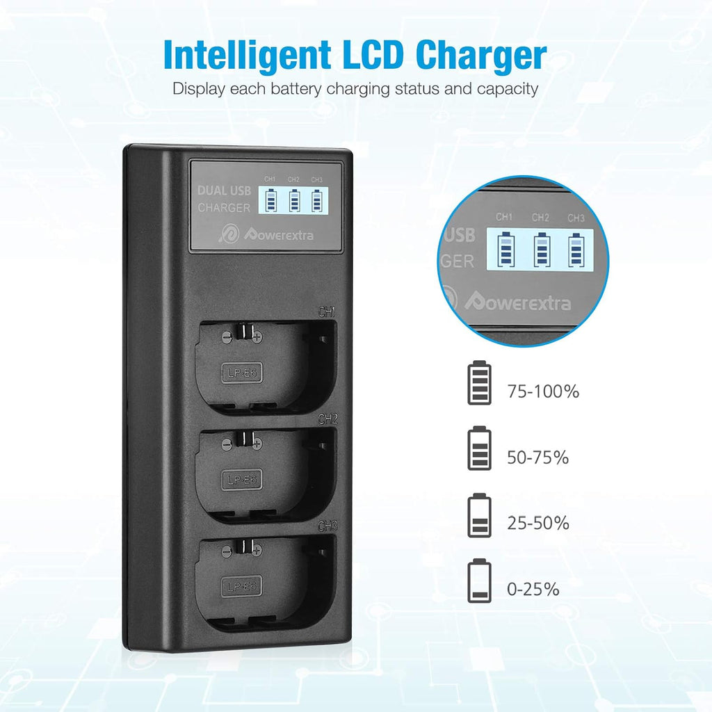 LP-E6 LP E6N Rechargeable Battery 3 Pack Batteries and 3 Channel Charger LCD Display Pack of 2 O20652