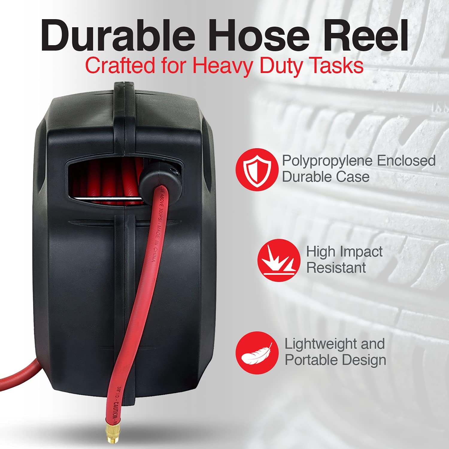 Retractable 3/8 Inch x 50' Foot Hybrid Polymer Red Air Hose Reel R6913
