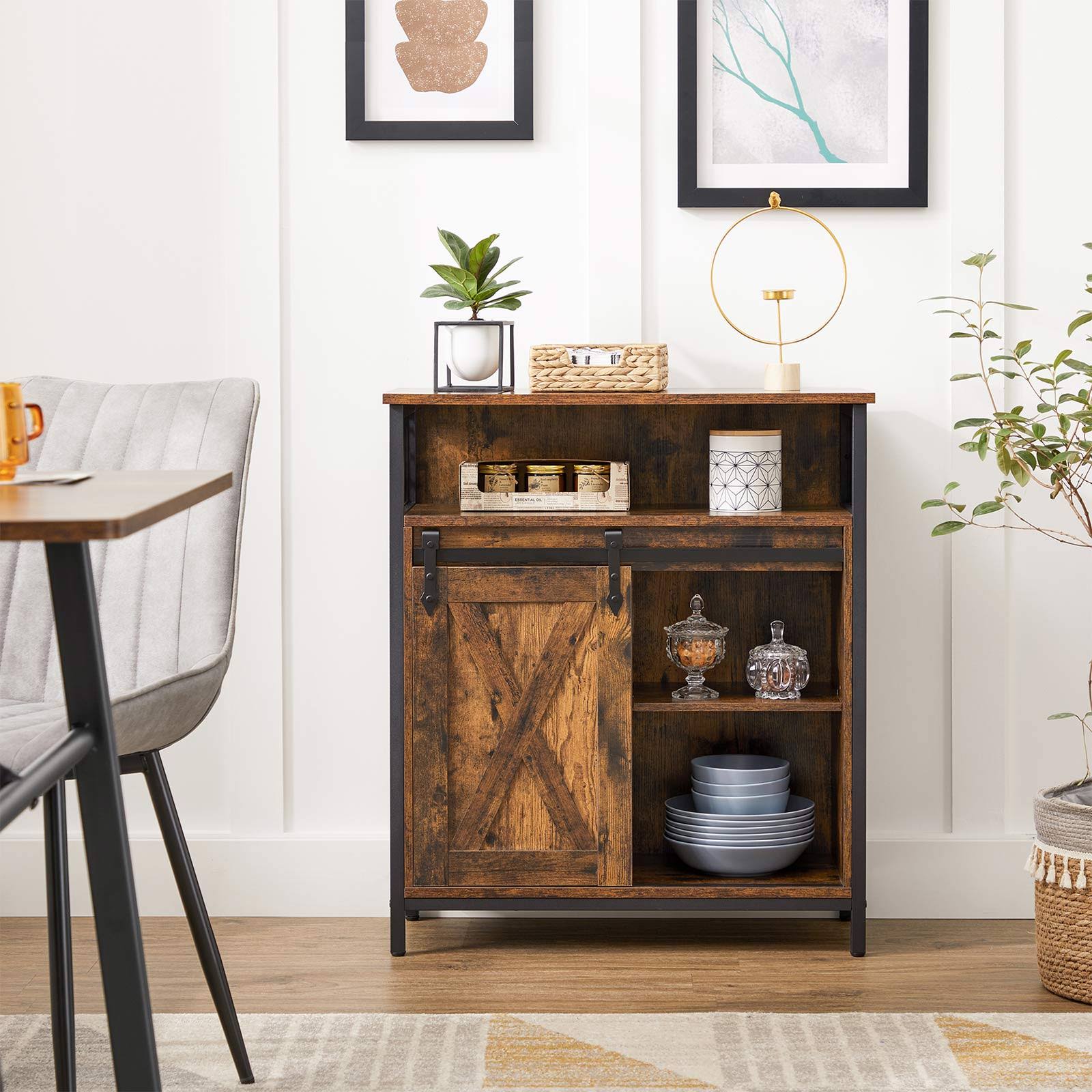 Rustic Brown Black Storage Sideboard with Barn Door X856323
