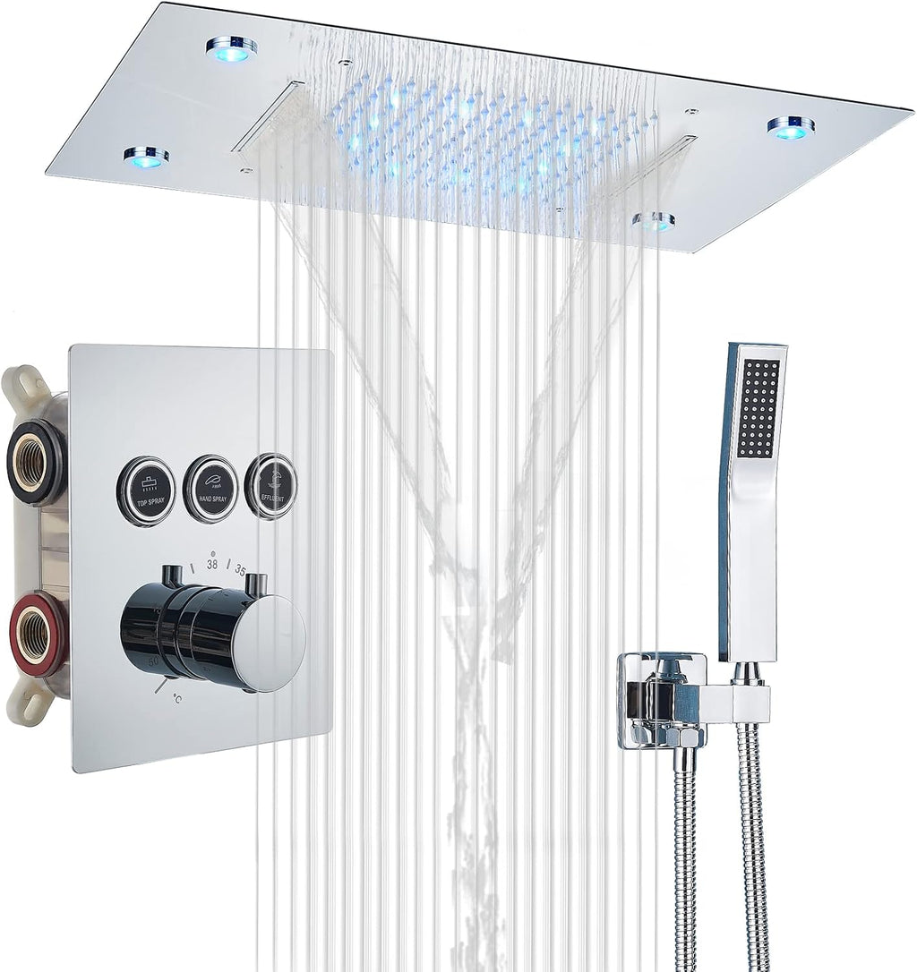 Matte Black 3 Functions Thermostatic Rain Shower Faucet Combo Set 14 X 20 Inch LED Waterfall Rainfall Shower Head with Hand Shower L4100