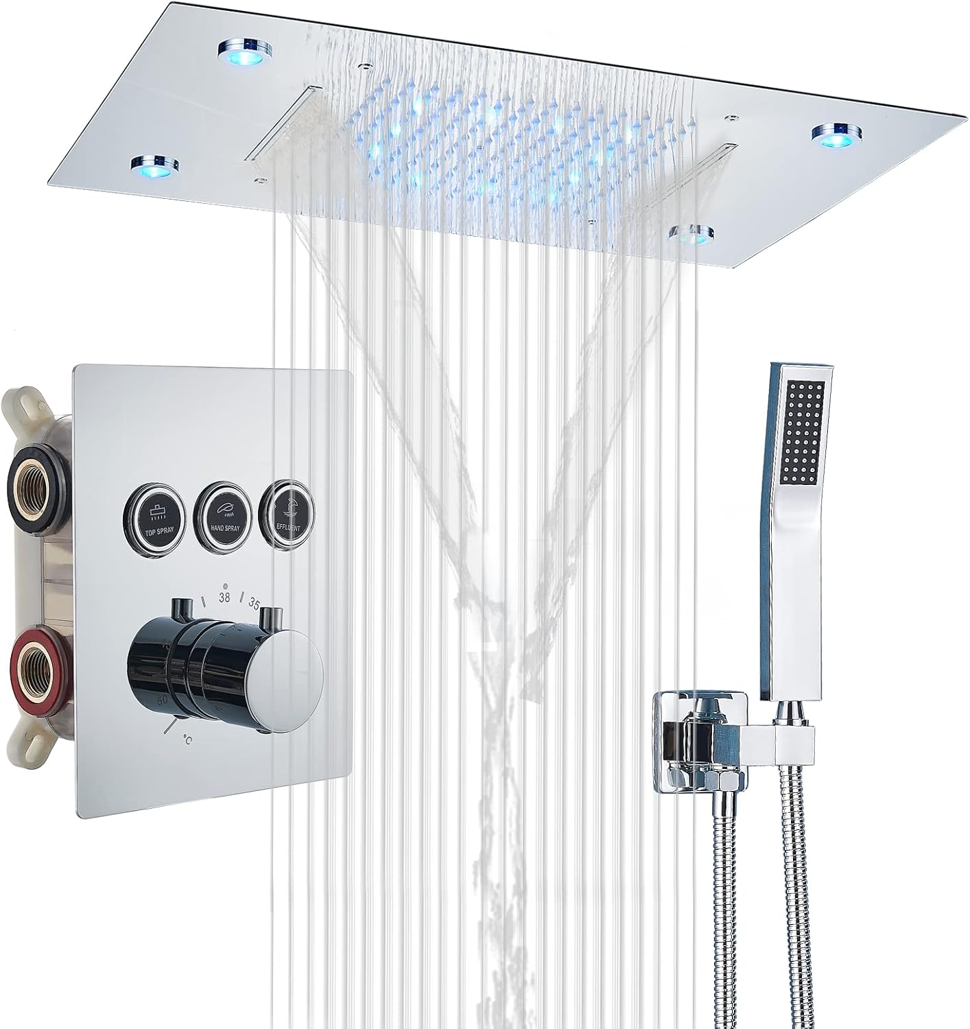 Matte Black 3 Functions Thermostatic Rain Shower Faucet Combo Set 14 X 20 Inch LED Waterfall Rainfall Shower Head with Hand Shower L4100