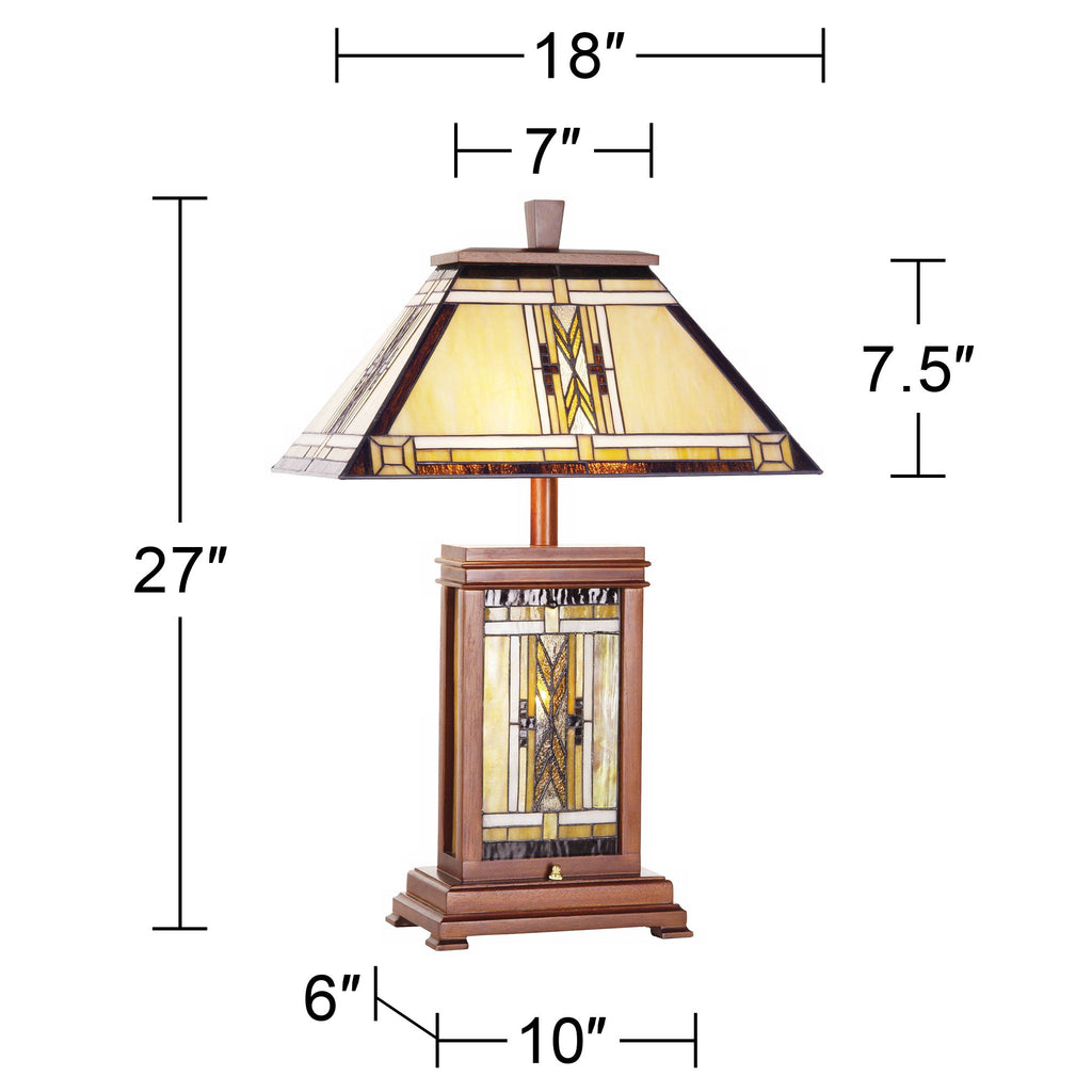 Walnut Mission Table Lamp 27" Tall Wood with Stained Art Glass Shade U996
