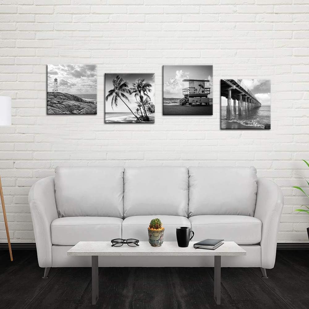 Black and White Beach Wall Art Florida Seascape Painting Lighthouse Lifeguard Tower Pier Picture Print Framed Artwork Ready to Hang O9580