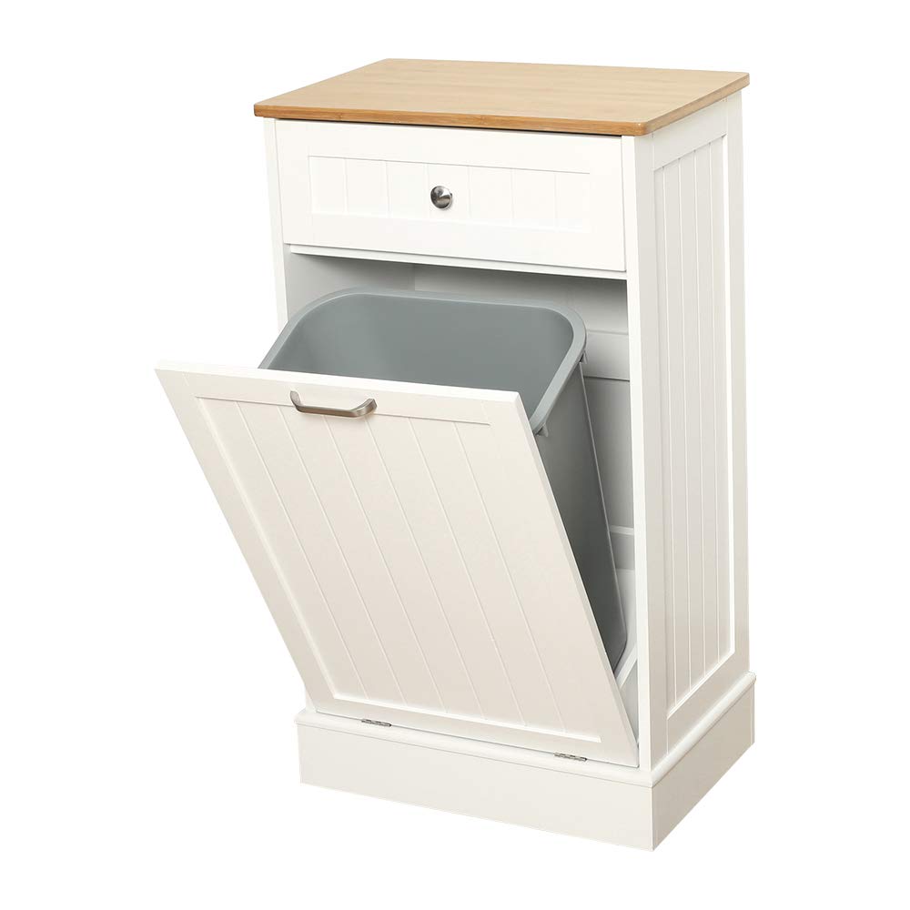 White Solid Wood Tilt-Out Trash Cabinet with Bamboo Cutting Board L8807