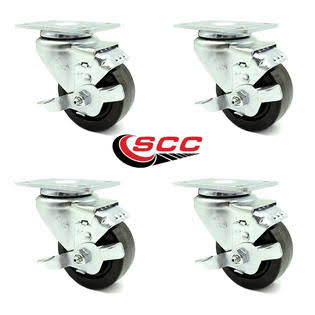 Black Phenolic Wheel Swivel Casters with Brakes, Set of 4 O820722