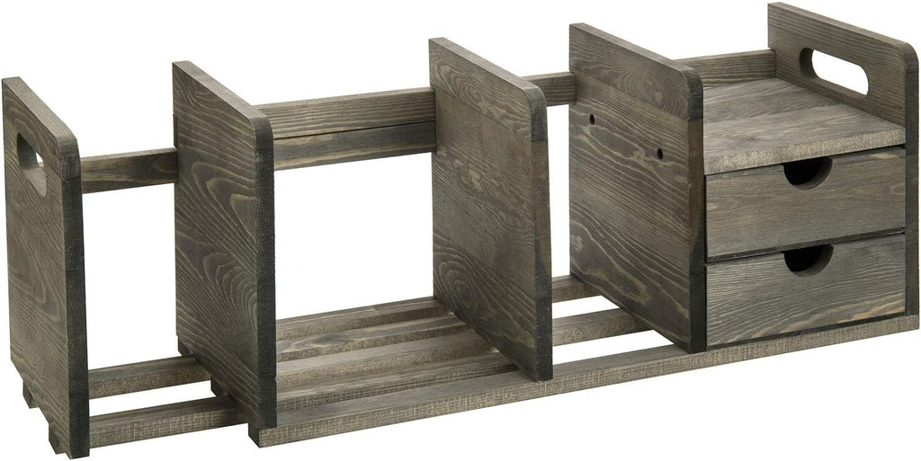 Vintage Gray Solid Wood Desktop Bookshelf Organizer with 2 Pullout Drawers H7127
