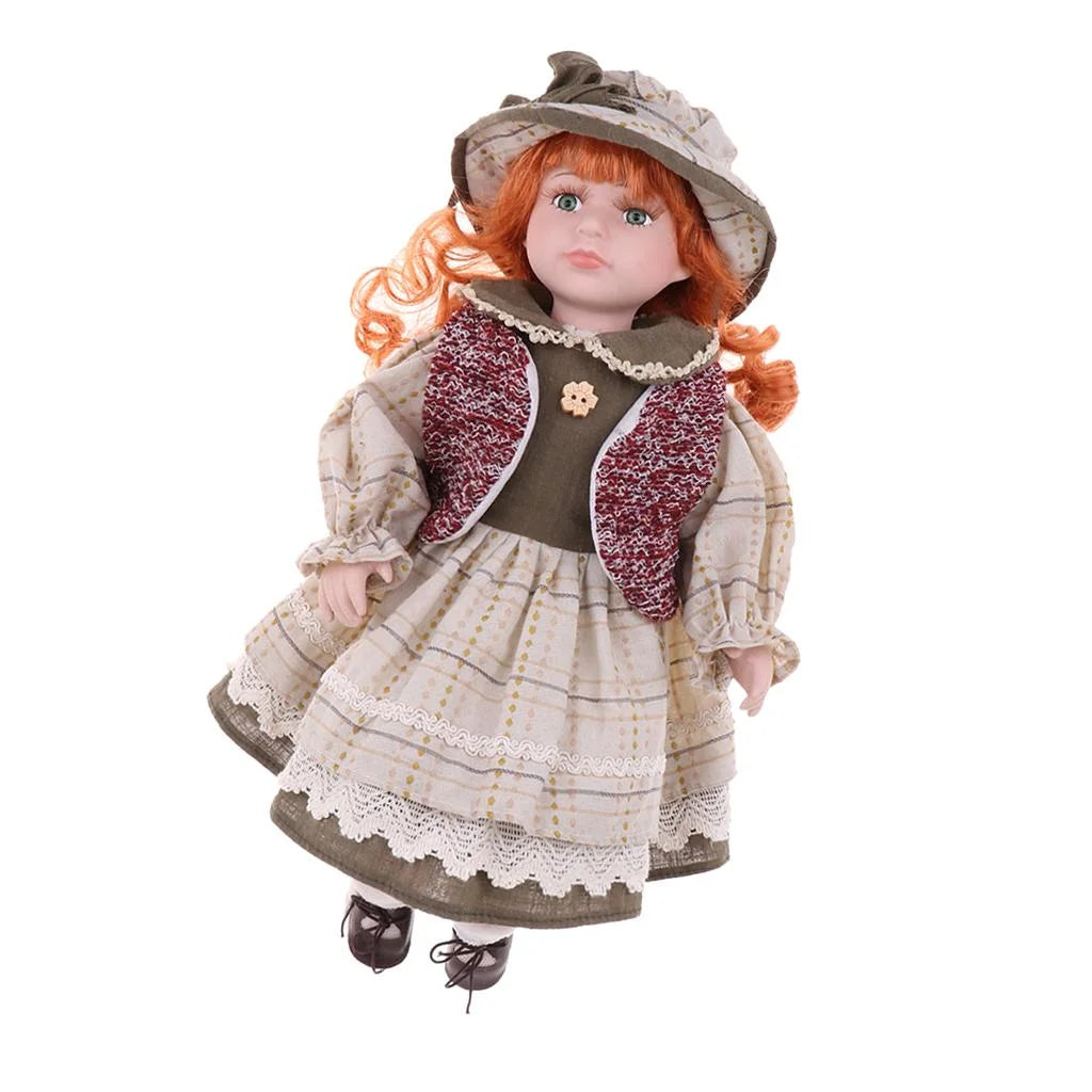 16inch Porcelain Doll Sitting People Figures in Clothes Hat Y27875