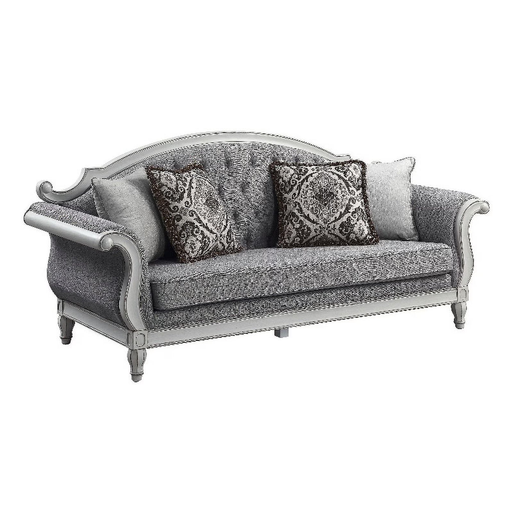 Tufted Fabric Sofa with 4 Pillows in Gray/Antique White X15480