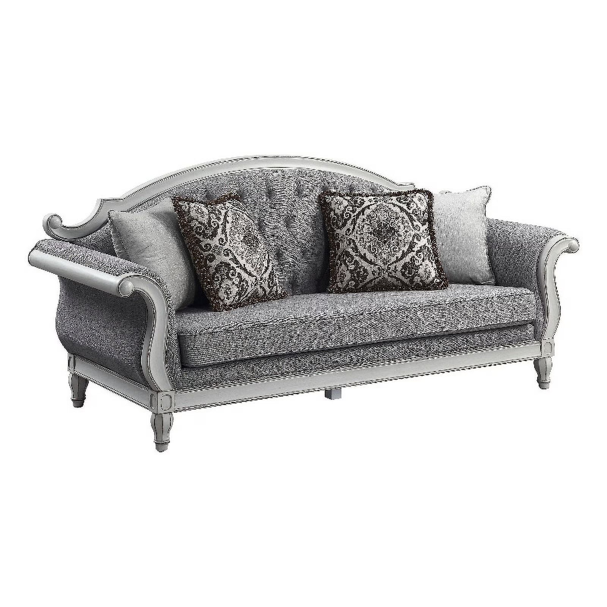 Tufted Fabric Sofa with 4 Pillows in Gray/Antique White X15480