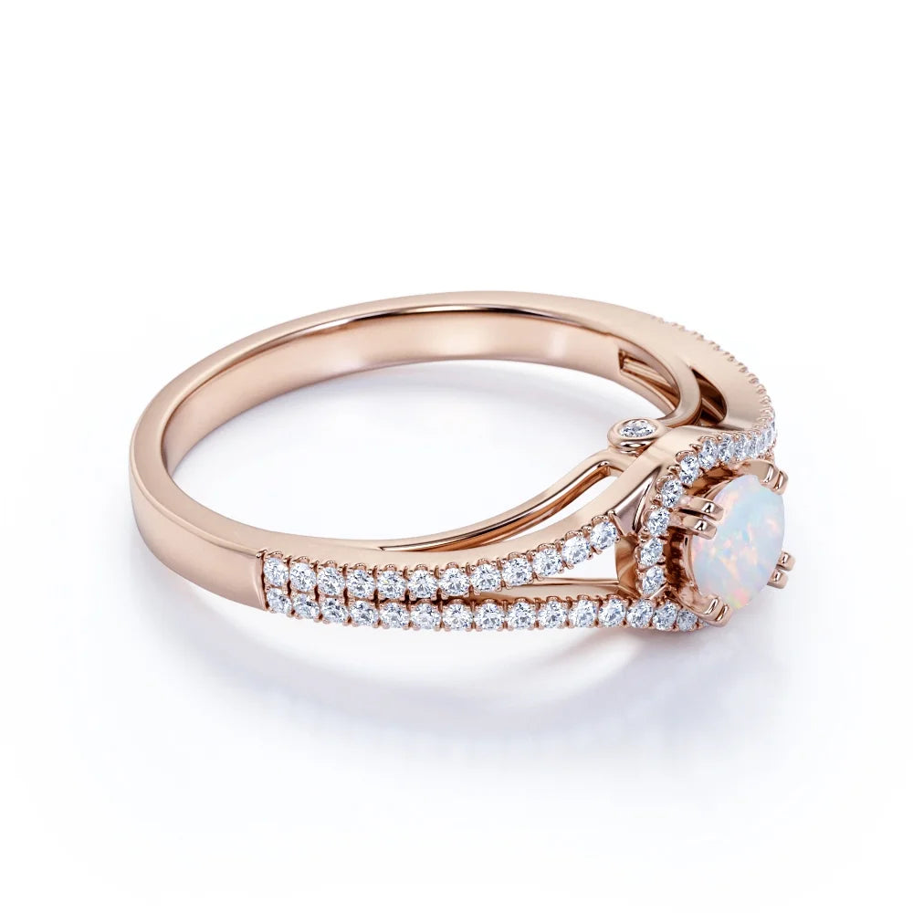 Vintage Blue Fire Opal and Moissanite Birthstone Ring in 18K Rose Gold over Silver A619944