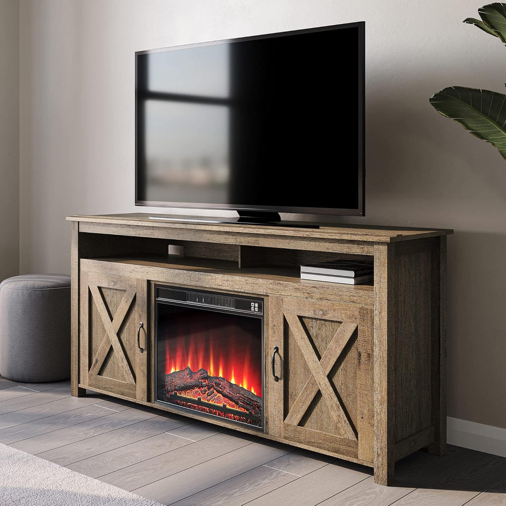 Gray Wash Barn Door Wood Electric Fireplace TV Stand W2788