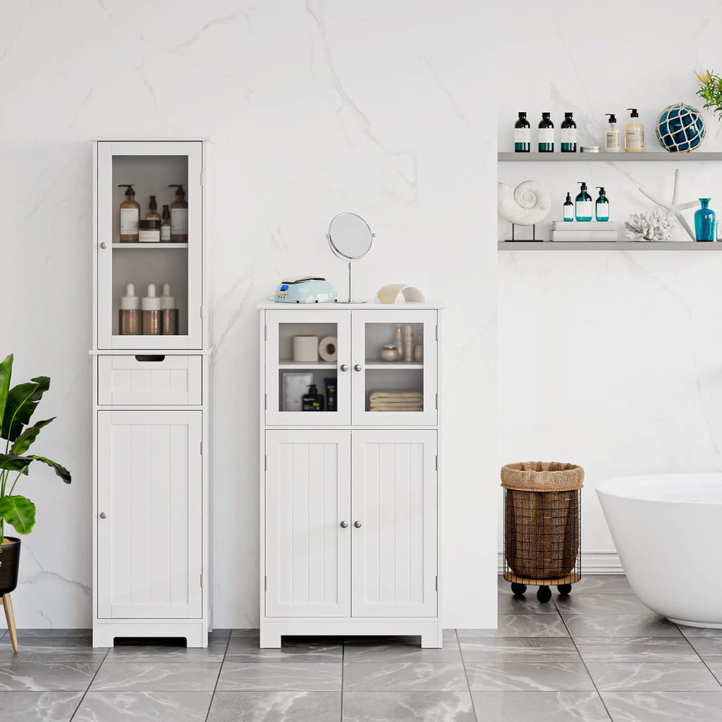 White Wooden Bathroom Cabinet with Doors and Adjustable Shelves B55016