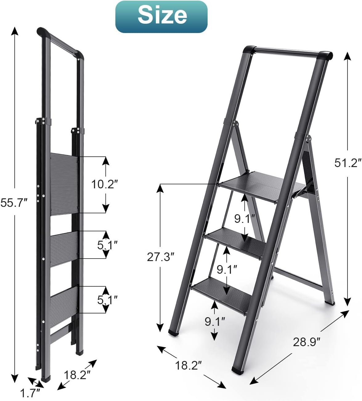 3 Step Folding Ladder with Handrail, Lightweight Aluminum Alloy Black, Anti-Slip Wide Pedal I35501