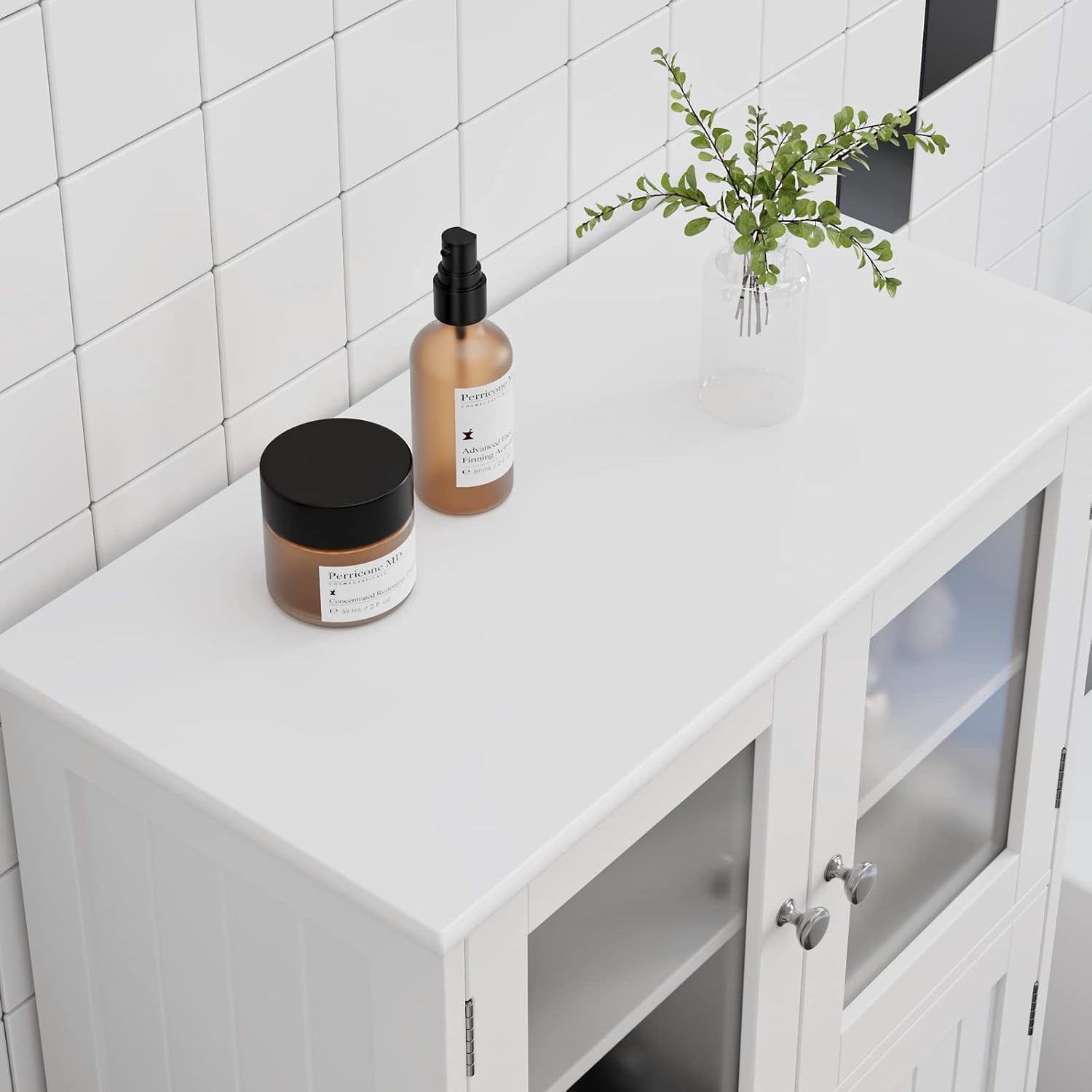 White Wooden Bathroom Cabinet with Doors and Adjustable Shelves B55016