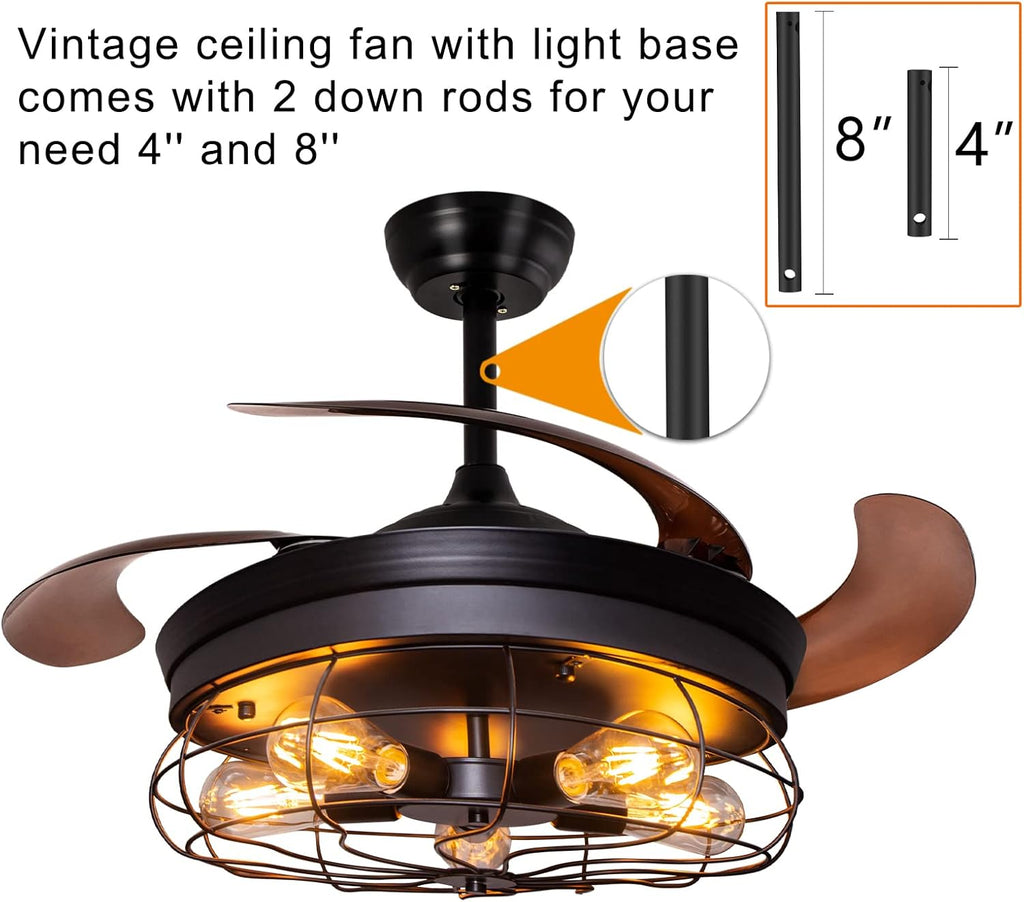 42'' Industrial Black Caged Ceiling Fan with Lights Remote Control R509979