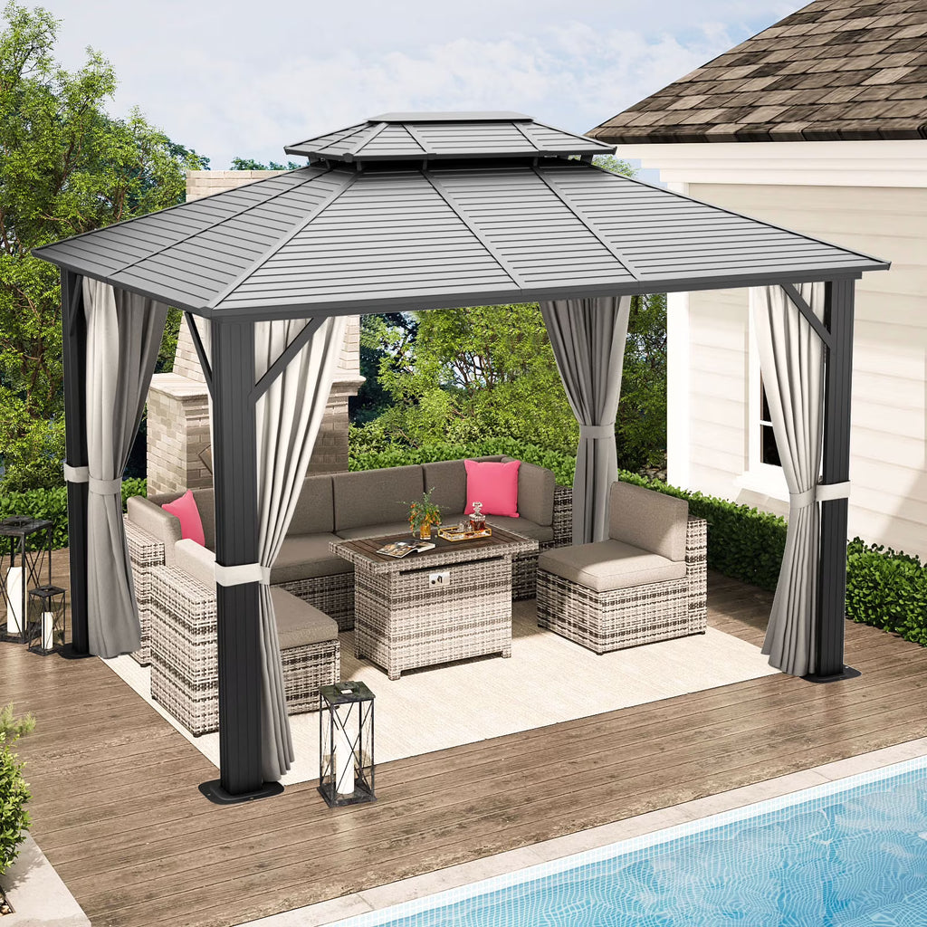 10’ x 12’ Hardtop Aluminum Frame Patio Gazebo with Netting and Curtains G2963