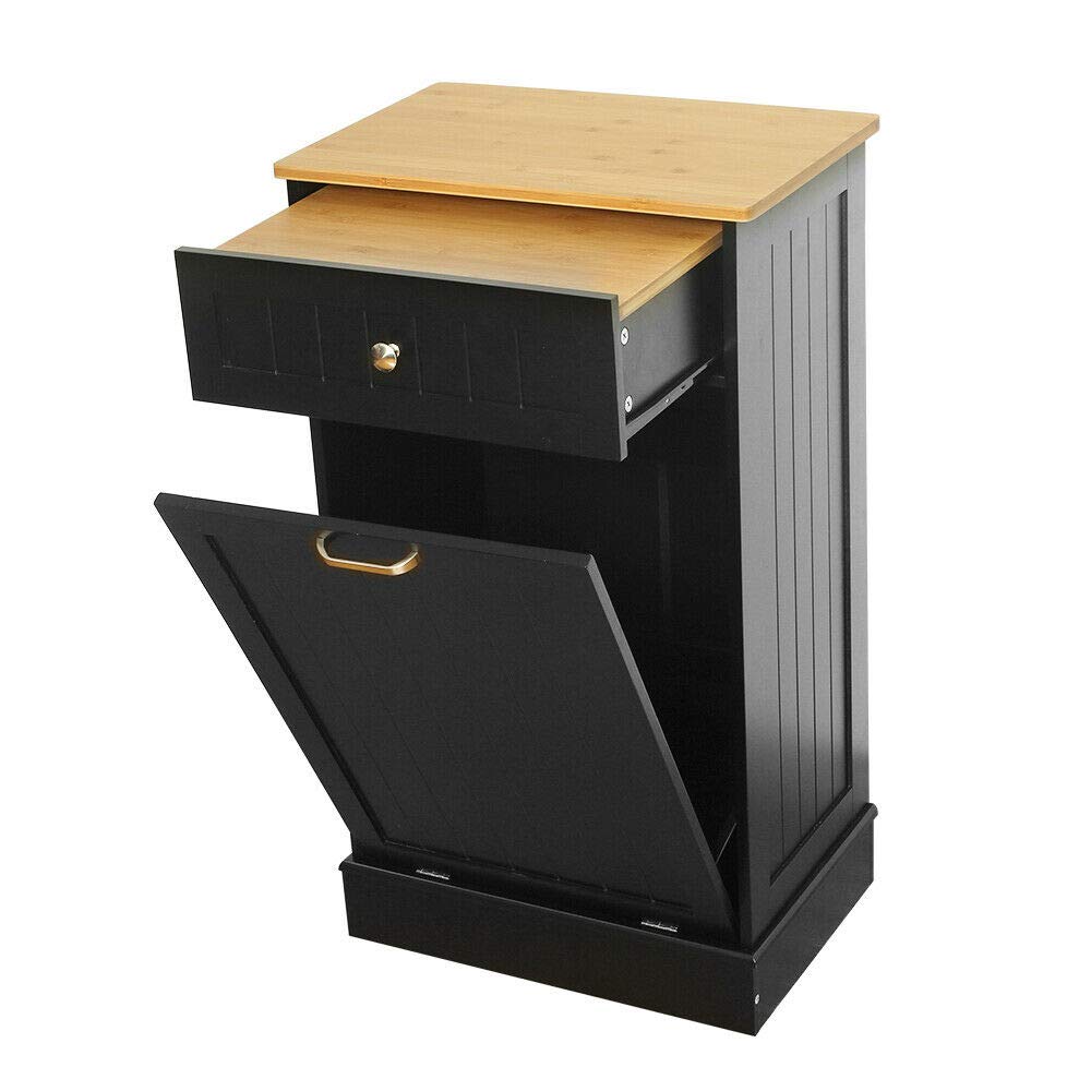 White Solid Wood Tilt-Out Trash Cabinet with Bamboo Cutting Board L8807