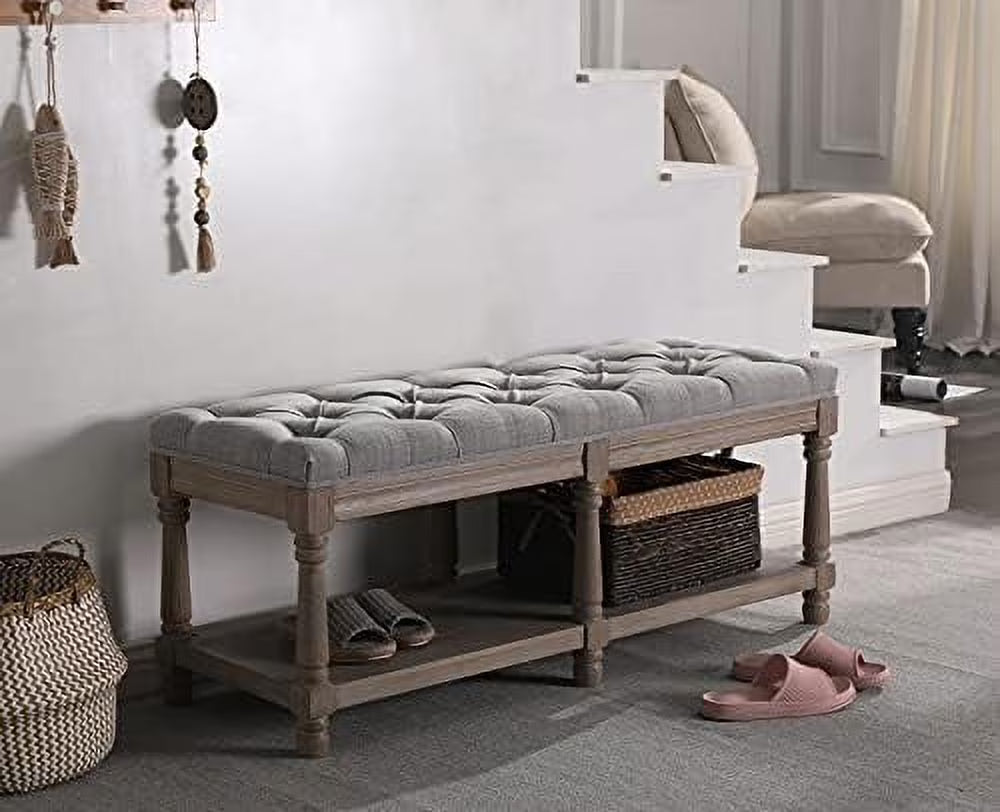 Gray Tufted Wood Entryway Bench T38350