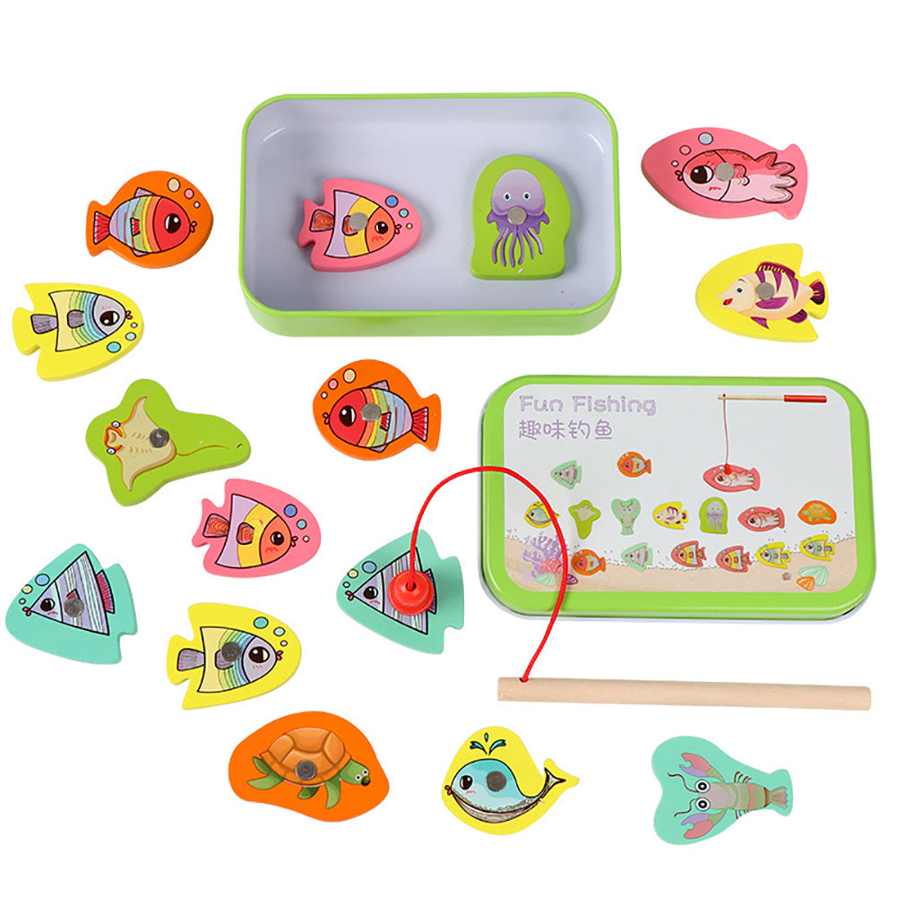 15pcs Wooden Magnetic Fishing Toy with 15 Fish and 1 Rod G36965