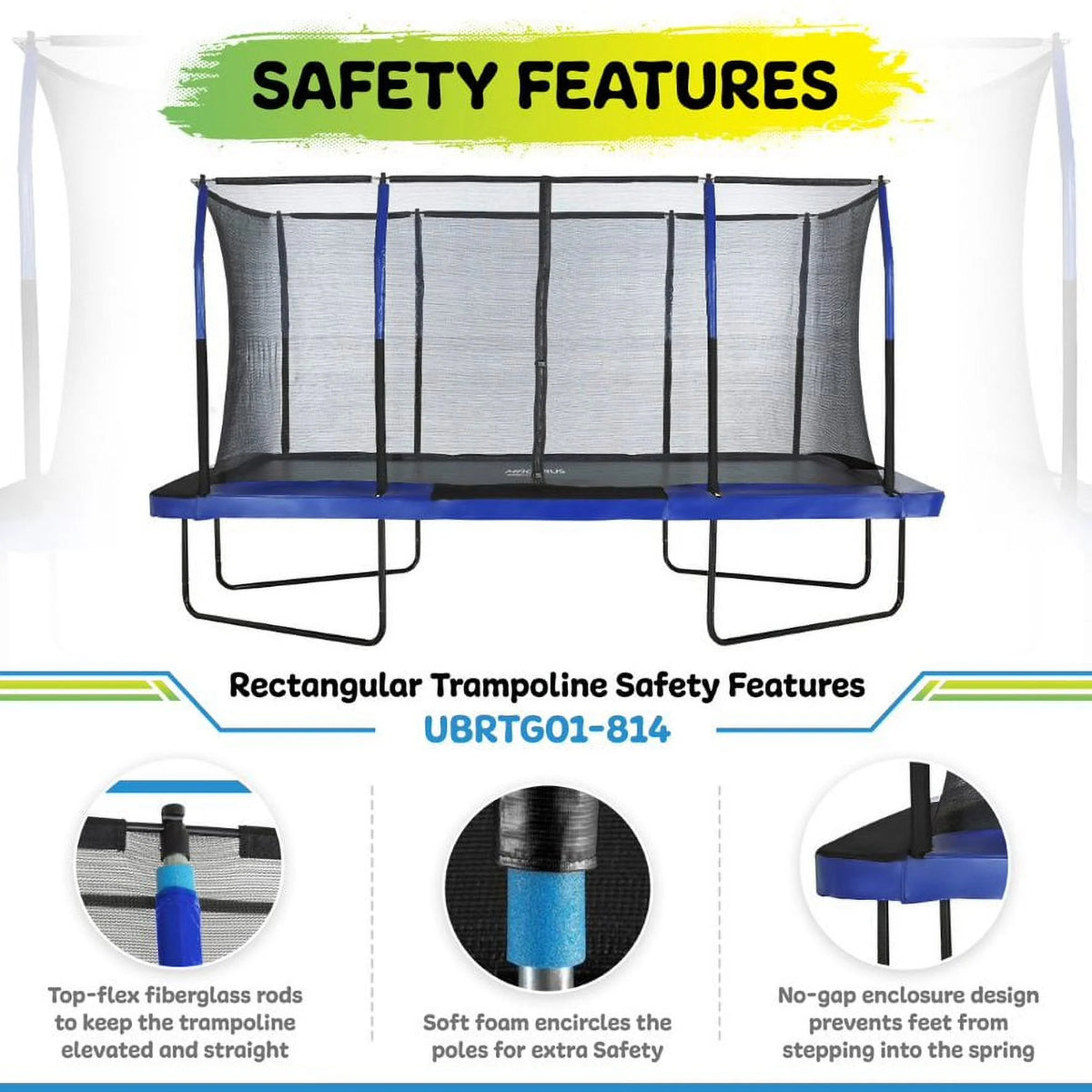 Blue/Black Rectangular Trampoline Set with Enclosure System A90827