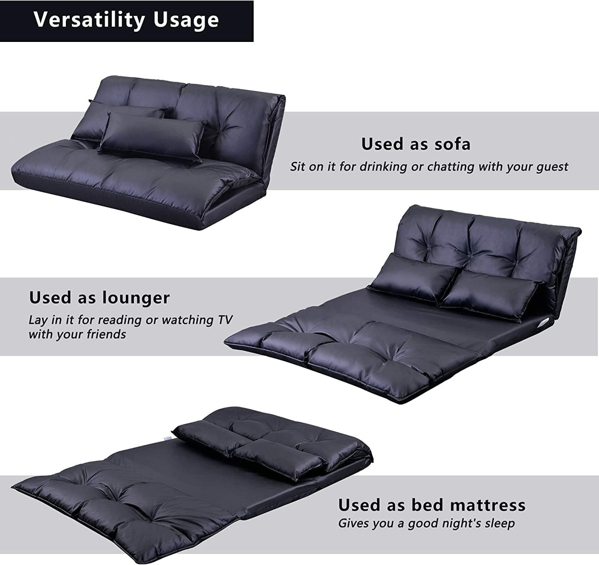 Adjustable Floor Sofa Bed with 2 Pillows, 5 Reclining Position, Black P554943