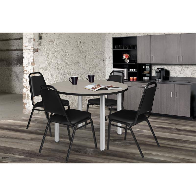 36x22 Round Breakroom Table Maple Chrome with 4 Stack Chairs Black S994329