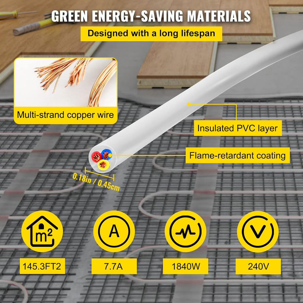 Floor Heating Cable 145.3 Square Feet Waterproof Insulated Temperature Control Panel Pack of 2 U2752