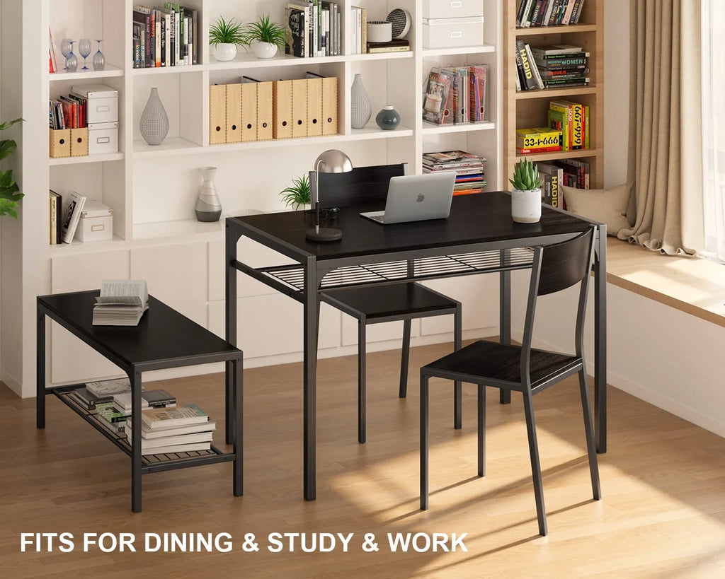 Black Kitchen Table with 2 Chairs and Bench with Storage Rack H992323
