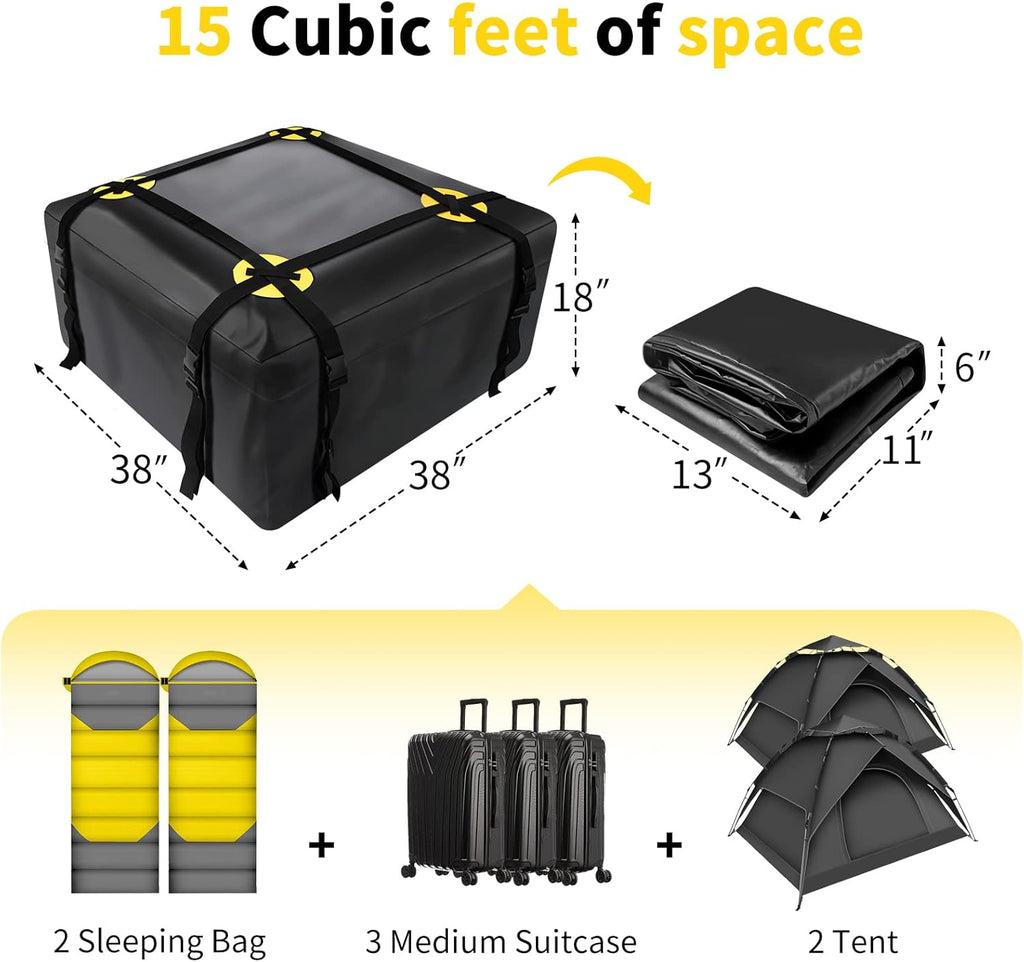 Car Roof Bag Waterproof Rooftop Cargo Carrier with Anti-Slip Mat and 6 Heavy-Duty Straps (15 Cubic Feet) Y53658