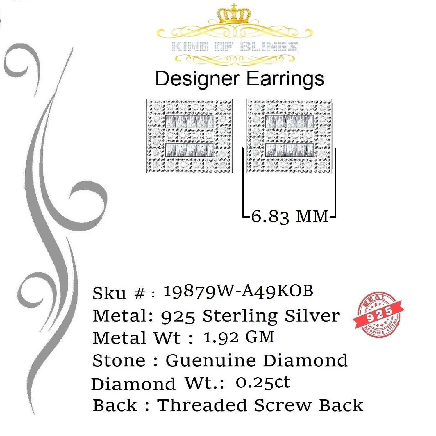 925 White Silver Diamond Square Stud Earring Z70809