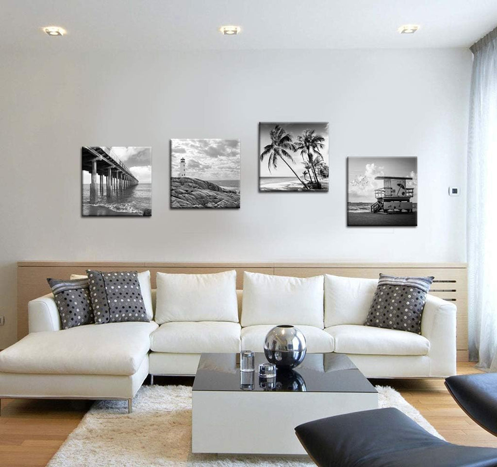 Black and White Beach Wall Art Florida Seascape Painting Lighthouse Lifeguard Tower Pier Picture Print Framed Artwork Ready to Hang O9580