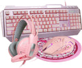 Pink 4-in-1 Gaming Keyboard Mouse Headset Combo, White Led Backlit 104 Keys Ergonomic Gamer Keyboard, 4800DPI Optical Game Mouse, 3.5mm Stereo Headset X74392