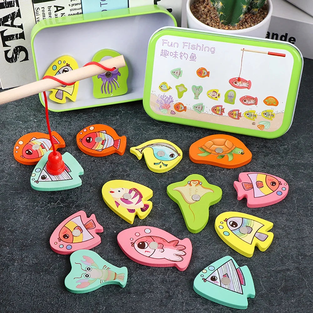 15pcs Wooden Magnetic Fishing Toy with 15 Fish and 1 Rod G36965