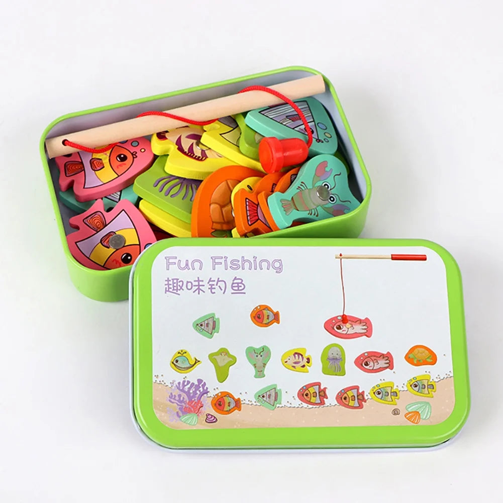 15pcs Wooden Magnetic Fishing Toy with 15 Fish and 1 Rod G36965