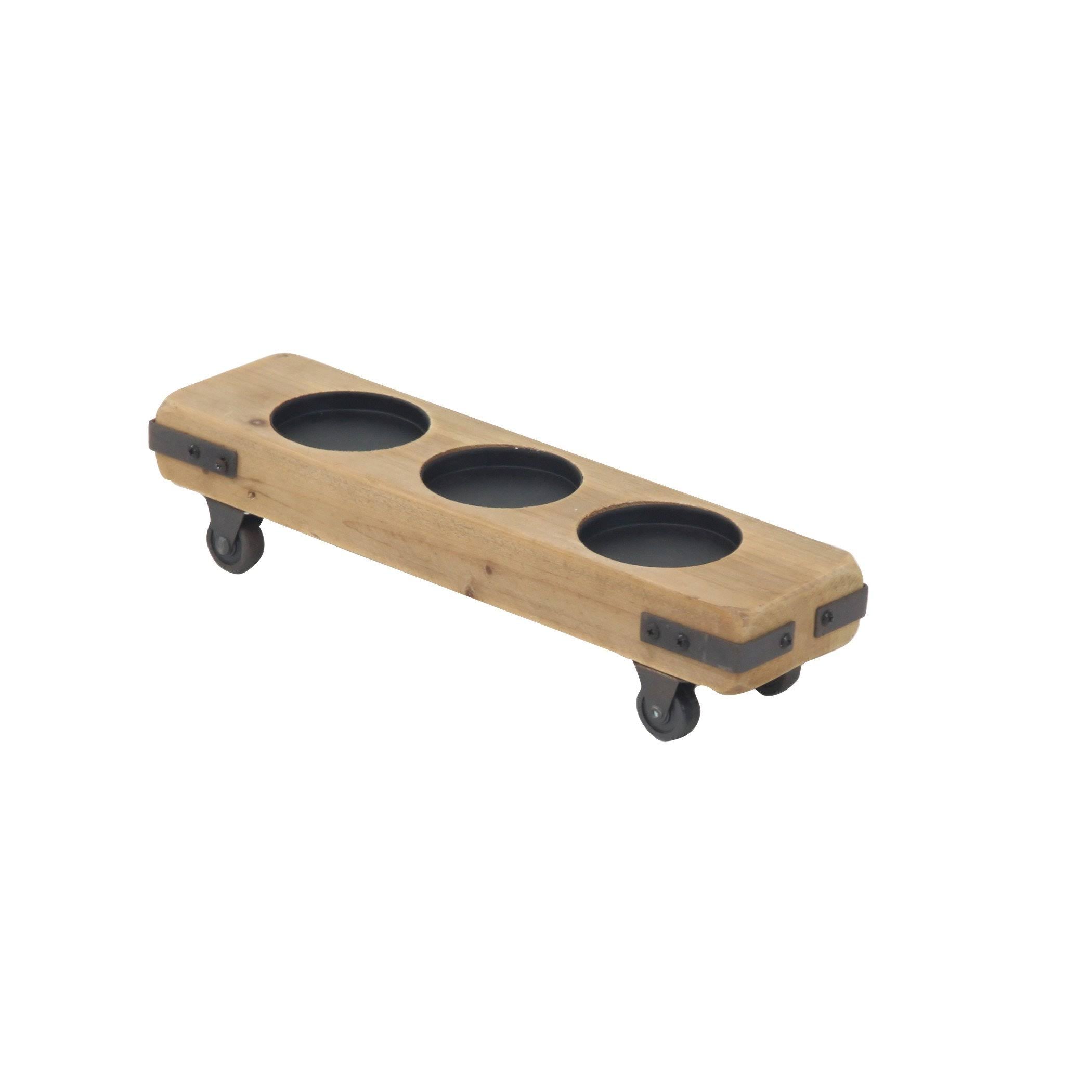 Rustic Fir Wood and Iron Candle Holders on Casters - Set of 3 B1496