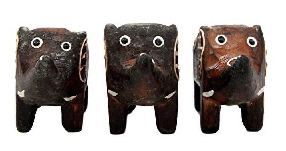 Hand Made Wood Elephant Family Miniature Figurine Set 2.5"L I144