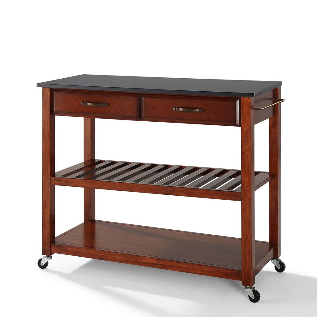 Solid Black Granite Top Kitchen Cart with Stool Storage Y5691