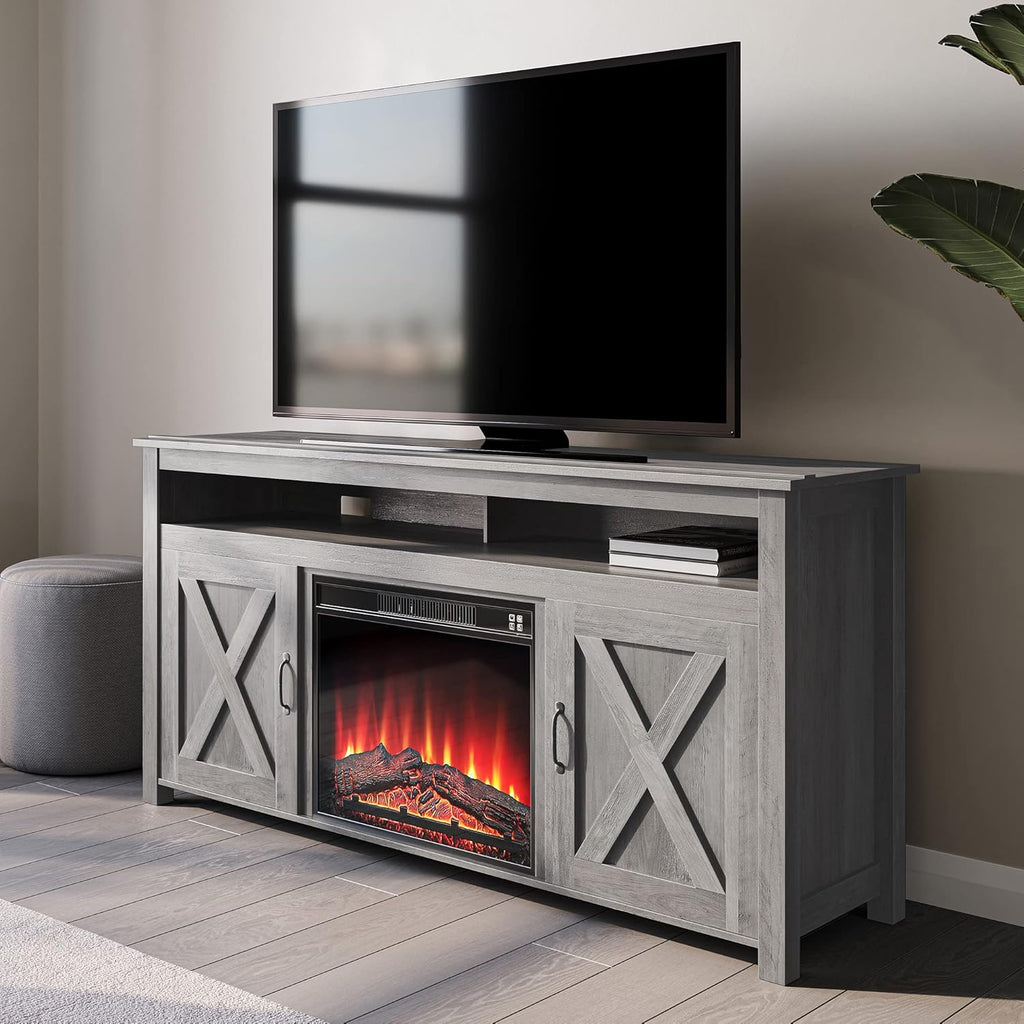 Gray Wash Barn Door Wood Electric Fireplace TV Stand W2788