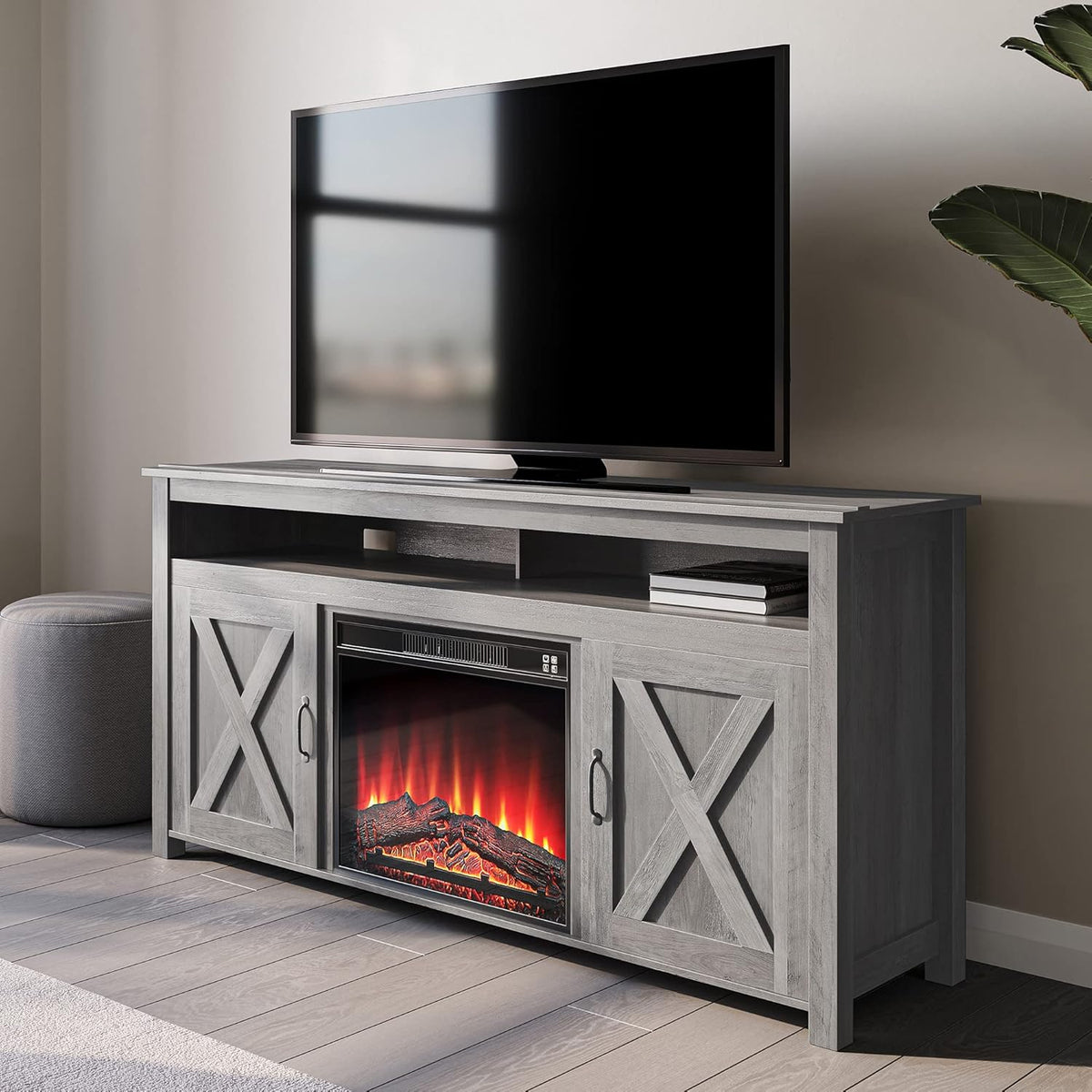 Gray Wash Barn Door Wood Electric Fireplace TV Stand W2788