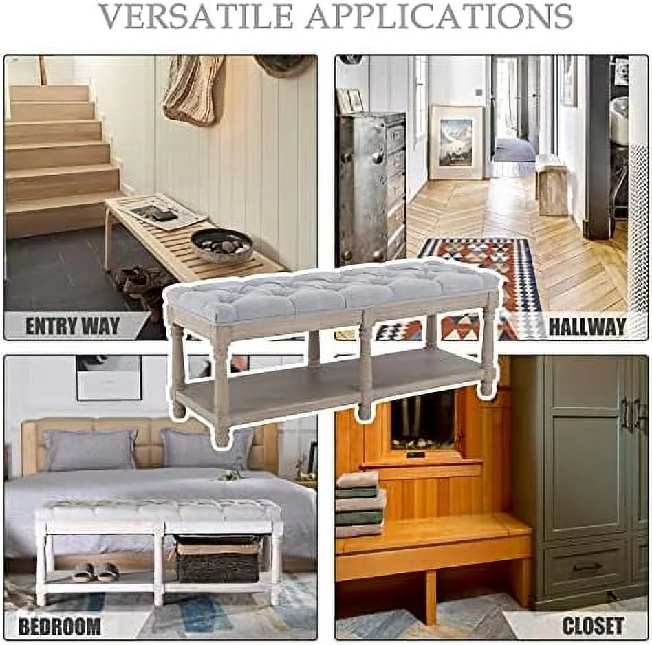 Gray Tufted Wood Entryway Bench T38350