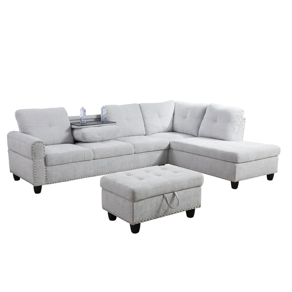 Linen Fabric Sectional Sofa with Storage Ottoman & Toss Pillows L302621