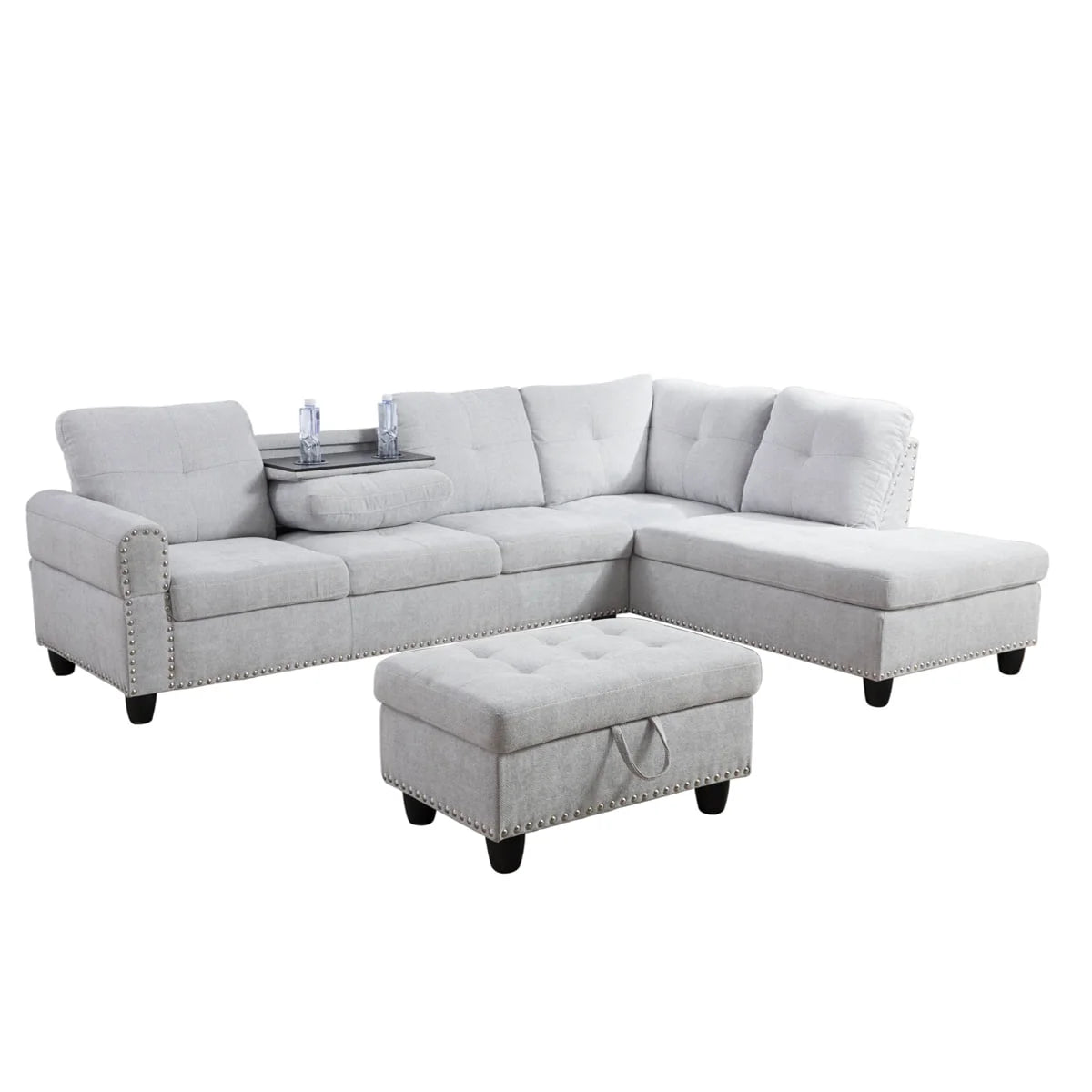 Linen Fabric Sectional Sofa with Storage Ottoman & Toss Pillows L302621
