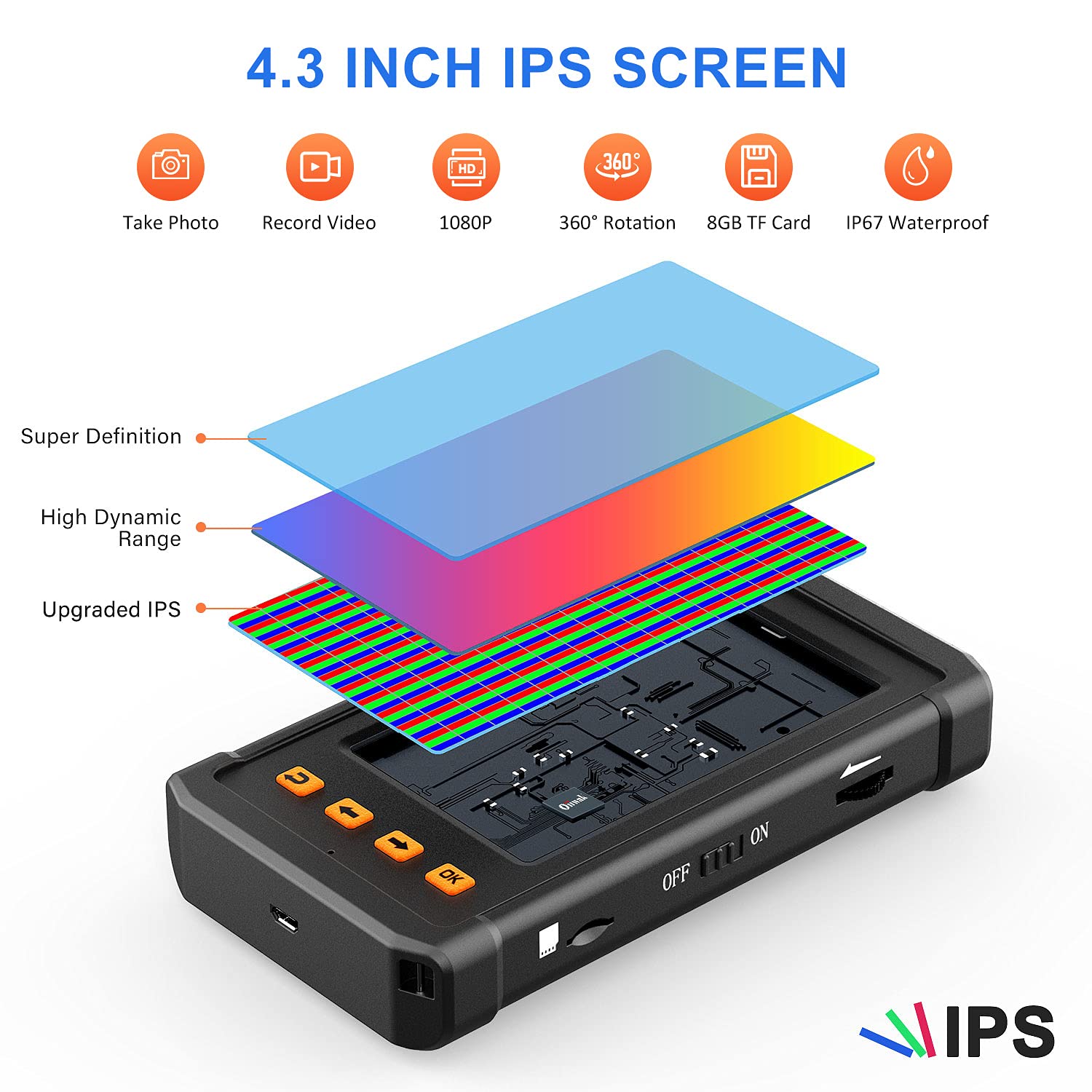 33FT 5.5mm 1080P HD Waterproof Industrial Endoscope with 4.3'' IPS Screen O1951