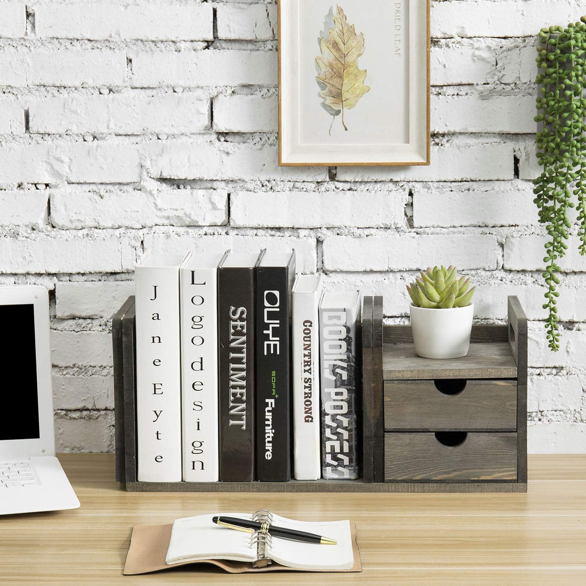 Vintage Gray Solid Wood Desktop Bookshelf Organizer with 2 Pullout Drawers H7127