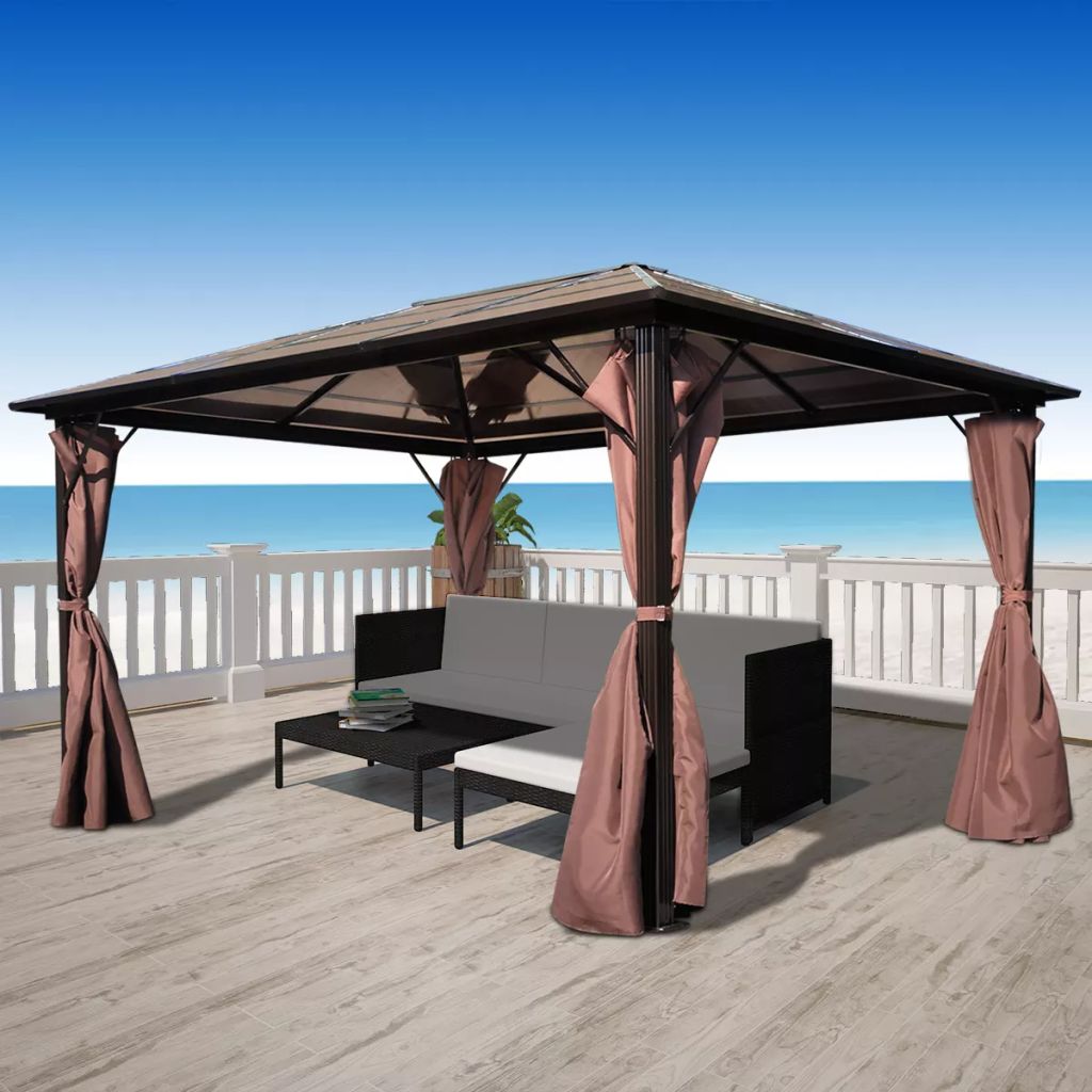 Gazebo with Curtain Sunshade Shelter Hook, Loop Fastener Sunlight Brown Aluminum 13' x 10' x 8' W2150